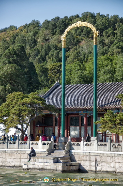 Boat landing in front of the Dispelling Clouds Gate